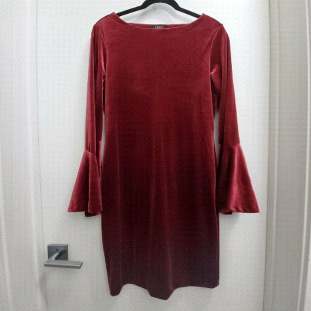 ISAAC Mizrahi Burgundy Stretch Velvet Long Bell Statement Sleeve Dress